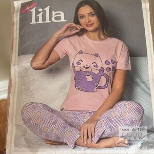 Pink Cat Print Pajama Set